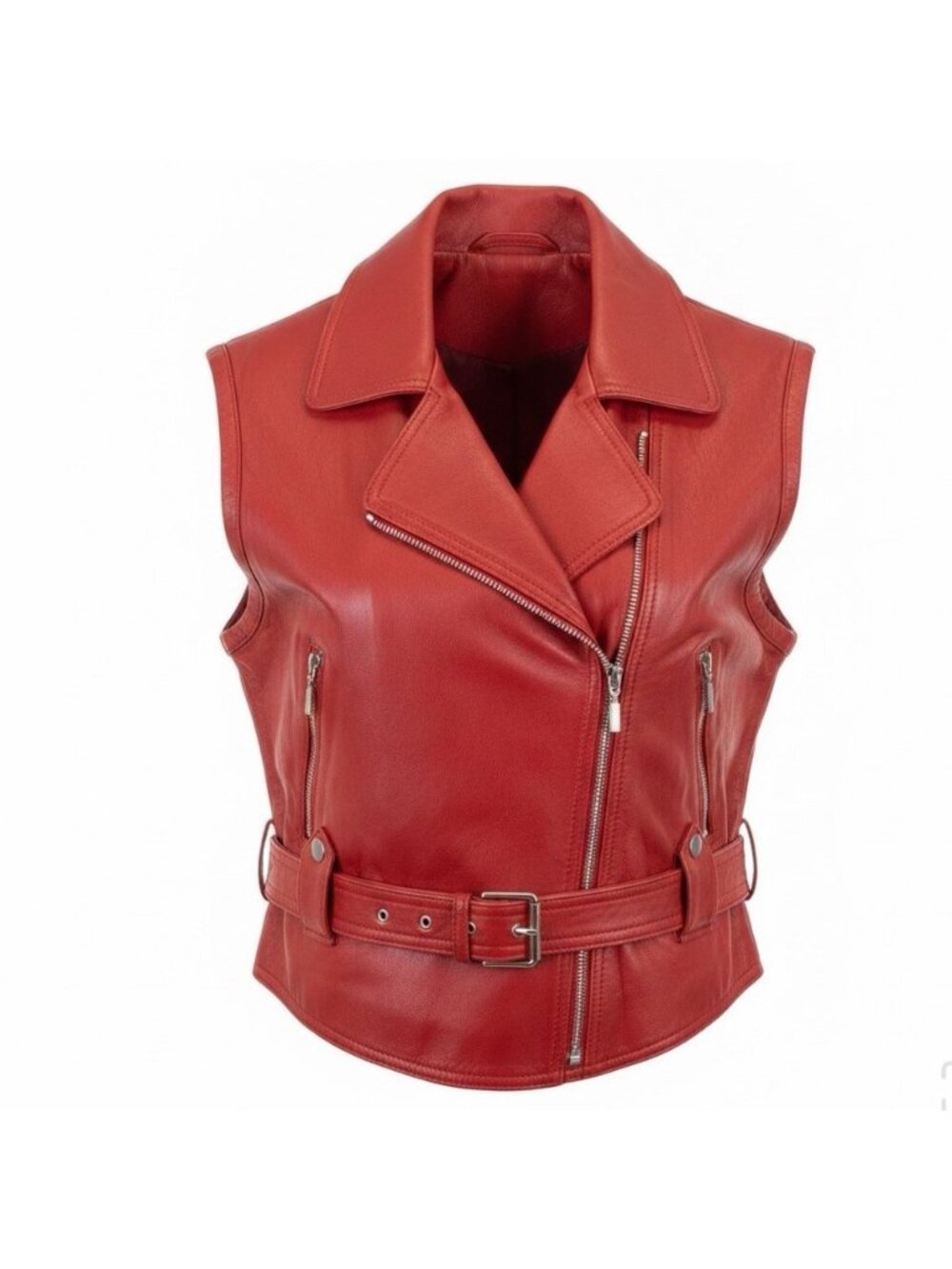 Bloomingdales Womens Red Leather Sleeveless Vest Belted Zipper Pockets Size S